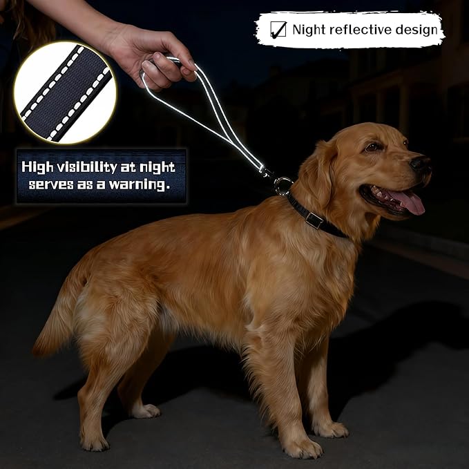 Heavy Duty Nylon Dog Leash with Padded Handle, Black Reflective Short Lead, 12 Inch for Medium Large Dogs, Double Layer Durable Walking Training