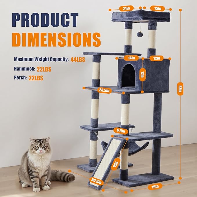 DUMOS Large 63in Cat Tree Tower, Multi Level Cat Climbing Tower with Condo, Natural Sisal Scratching Posts, Extended Platform, Hammock, Pet House for Indoor Cats and Kittens Play, Dark Grey