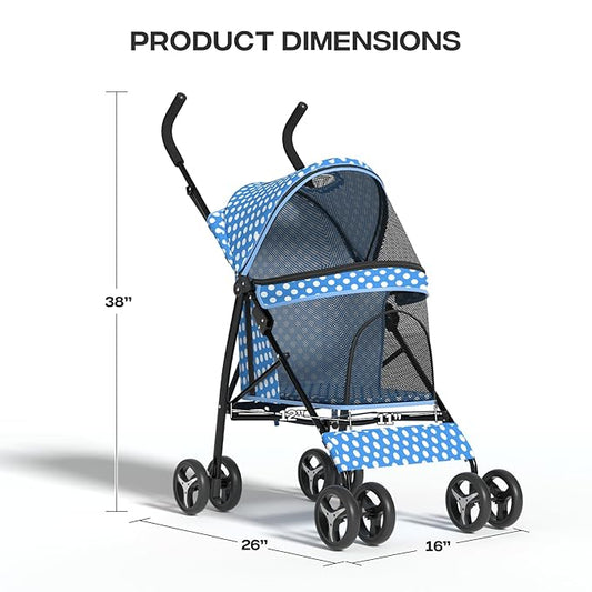 Dog Stroller for Small Dogs 10 lbs -22lbs Puppy Stroller Medium Dog Wagon Small Pet Stroller for Cats, Cat Strollers for 2 Cats, Rear Storage, Blue Polka Dots