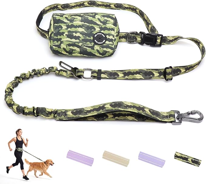 Hands Free Dual Handle Retractable Bungee Leash with Reflective Trim, Adjustable Waist Belt for Dog Walking, Running, Hiking - Durable Nylon Leash for Medium Large Dogs, Military Green