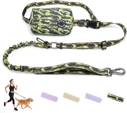 Hands Free Dual Handle Retractable Bungee Leash with Reflective Trim, Adjustable Waist Belt for Dog Walking, Running, Hiking - Durable Nylon Leash for Medium Large Dogs, Military Green