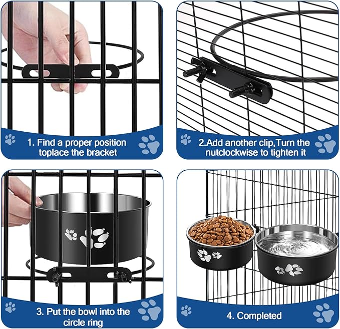 2-in-1 Dog Crate Water Bowl Hanging,2 Pack Stainless Steel Water Food Bowl No Spill for Crate Cage,Kennel Bowls Mountable Dog Dish Feeder Coop Cup with Non-Slip Base for Dogs Cats Bunny Ferret Bird