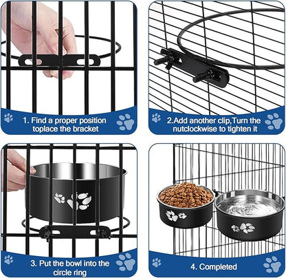2-in-1 Dog Crate Water Bowl Hanging,2 Pack Stainless Steel Water Food Bowl No Spill for Crate Cage,Kennel Bowls Mountable Dog Dish Feeder Coop Cup with Non-Slip Base for Dogs Cats Bunny Ferret Bird