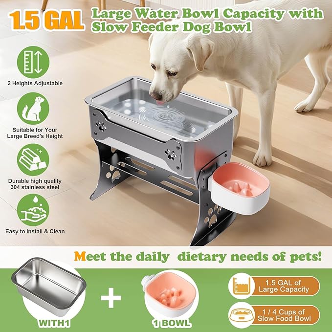 1.5 Gallon Elevated Large Dog Water Bowl, 2 Height Adjustable Stainless Steel Raised Dog Water Bowl Stand for Large Breed, Metal Pet Bowl Stand for Relief Joint Pressure, Easy Clean (Gray)