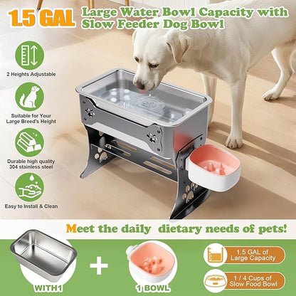 1.5 Gallon Elevated Large Dog Water Bowl, 2 Height Adjustable Stainless Steel Raised Dog Water Bowl Stand for Large Breed, Metal Pet Bowl Stand for Relief Joint Pressure, Easy Clean (Gray)
