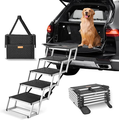 VEVOR Dog Stair for Cars, Wide 5-Step Dog Car Steps, Folding Dog Car Ramp with Nonslip Surface, Portable Pet Steps Lightweight Aluminum for Car, SUV and Truck, Supports up to 150 lbs