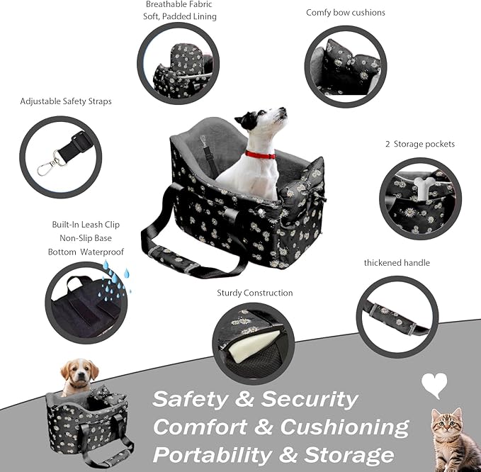 Cullaby Center Console Dog Car Seat for Small Dogs Chihuahua or Yorkie Anti-Anxiety Anti-Collapse Booster Armrest Pet Bed | Secure Portable Seat for Compact Cars (Black, Up to 11 lbs)