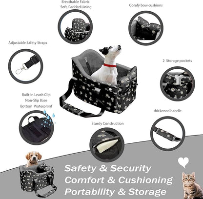 Cullaby Center Console Dog Car Seat for Small Dogs Chihuahua or Yorkie Anti-Anxiety Anti-Collapse Booster Armrest Pet Bed | Secure Portable Seat for Compact Cars (Black, Up to 11 lbs)