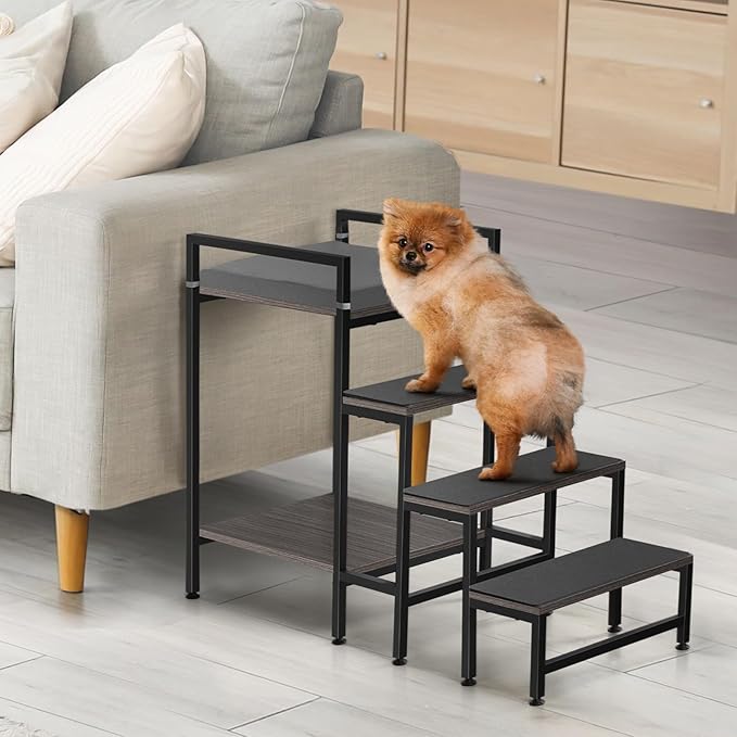 Pet Window Perch with Stairs, Grey Dog Window Perch with Stairs, 4 Steps Dog Bunk Beds with Stairs, Pet Stairs for High Beds with Cushion for Medium Small Sized Pets