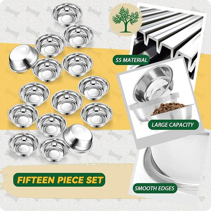 15 PCS Small Stainless Steel Dog Bowls, 5.5inch Metal Dog Bowl, Pet Puppy Food Water Bowl Set, Thickened Metal Food Water Bowls for Small Dogs, Dishwasher Safe (14OZ)