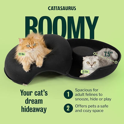Cattasaurus Peekaboo Cat Cave Donut for Multiple & Large Cats up to 30-45 lbs, 3-in-1 Self Warming Cat Bed, Tunnel & Scratcher for Indoor Cats, Washable & Detachable Small Dog Bed (Black, Large)