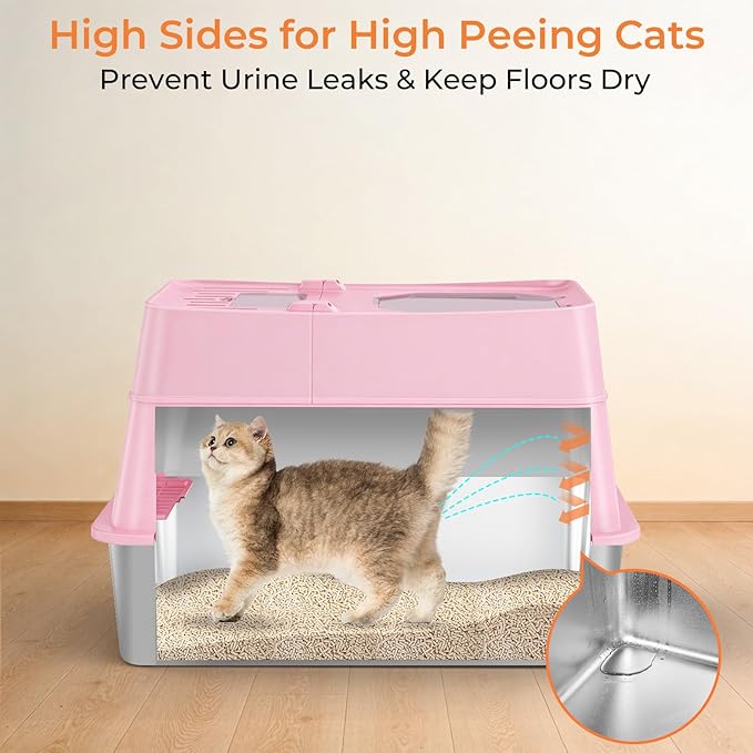 URPOWER Stainless Steel Cat Litter Box with Lid 110° Flip-Top Extra Large Enclosed Litter Box Non-Sticky Metal Pan with High Sided & Scoop, Odor Free, Front & Top Entry, Anti-Leakage, Easy Cleaning