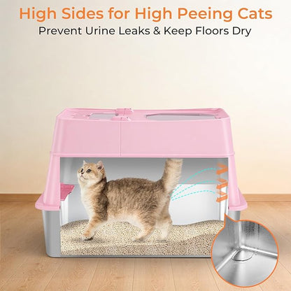 URPOWER Stainless Steel Cat Litter Box with Lid 110° Flip-Top Extra Large Enclosed Litter Box Non-Sticky Metal Pan with High Sided & Scoop, Odor Free, Front & Top Entry, Anti-Leakage, Easy Cleaning