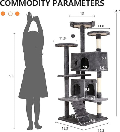 BestPet | 54" Cat Tree Tower | Light Gray | Sturdy, Easy to Assemble, Multi-Level Activity Center with Sisal Scratching Posts, Condos, Perches, Hanging Cat Toys, Observation Decks & Ladder