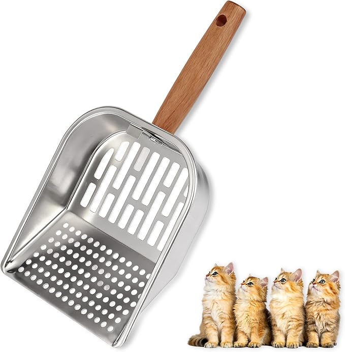 Litter Scooper, Metal Litter Scoop, Pooper Scooper with Wooden Handle, Cat Litter Scoop, Metal Scooper & Speed Sifter Deep Shovel Scoop Filter for Litter Box (Easy Assembly)