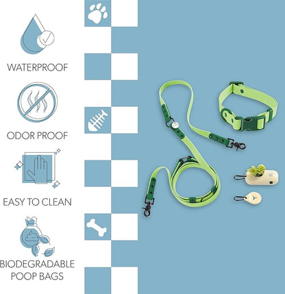 WLK1005B-5SET Luna Medium 8FT Adjustable 6-in-1 Waterproof Hands-Free Leash and Collar with LED Flashlight, Bag Dispenser, and Poop Bag Holder, Mojito