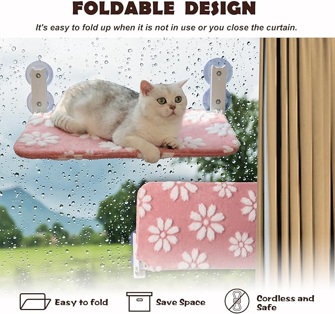 Cat Window Perch, Foldable Cat Window Hammock with Cute 3D Textured Flower Cover and Strong Suction Cups, Cordless Window Seat Bed for Indoor Cats (Pink, Large)