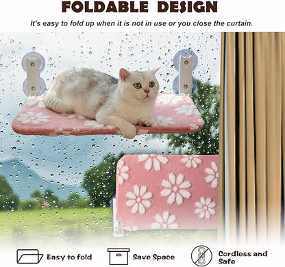 Cat Window Perch, Foldable Cat Window Hammock with Cute 3D Textured Flower Cover and Strong Suction Cups, Cordless Window Seat Bed for Indoor Cats (Pink, Large)