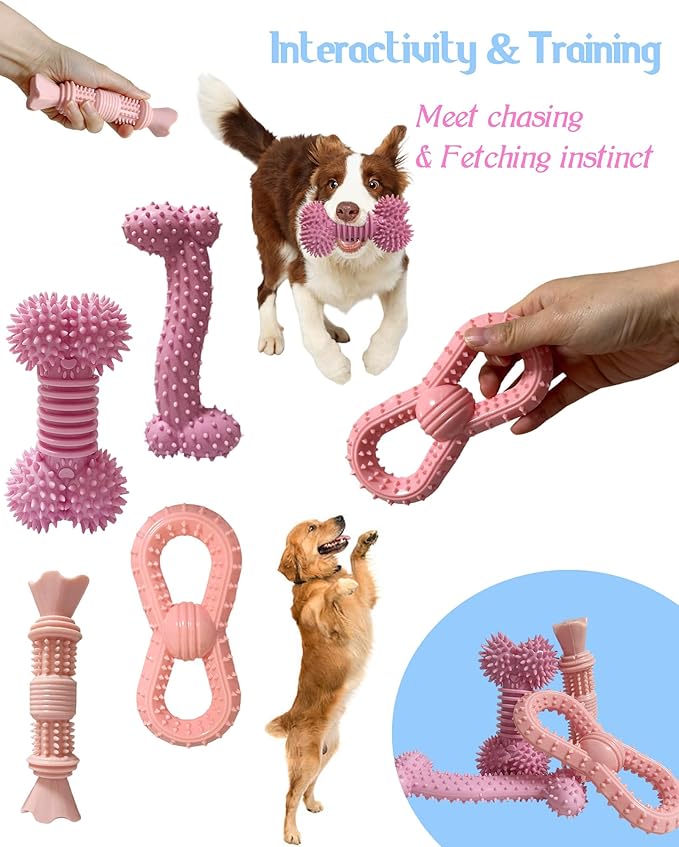 4 Pack Teething Toys Dog Durable Chew Toys Soft Rubber Toy Dog Teeth Cleaning Toothbrush Toy Cute Interactive Toys for Medium Large Breed(Medium,Pink)
