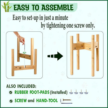 Dog Bowl Stand for Large Breed - Raise, Elevate Bowls to 14-inch High - Adjustable, Fits Any Single Pet Food/Water Feeders and Fountains - Durable Bamboo