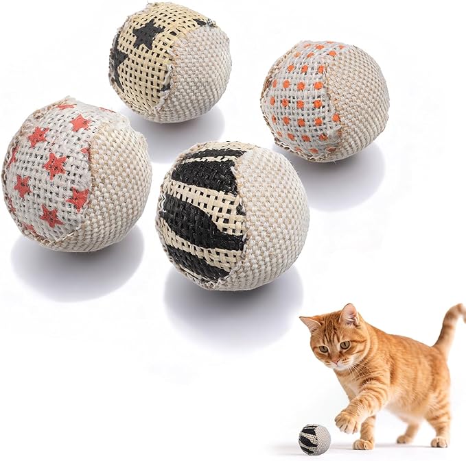 4 Pcs Cat Balls Toys for Indoor Cats, Handmade Sisal Kitten Toys Ball Interactive Canvas Cat Ball Toy Cute Cats Pom Pom Balls for Indoor Kitten Puppy Stuffed Pets Interaction Playing