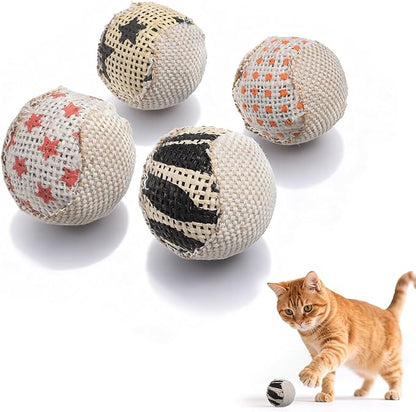 4 Pcs Cat Balls Toys for Indoor Cats, Handmade Sisal Kitten Toys Ball Interactive Canvas Cat Ball Toy Cute Cats Pom Pom Balls for Indoor Kitten Puppy Stuffed Pets Interaction Playing