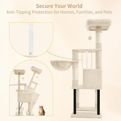 Heybly Cat Tree, 49.2 Inches Cat Tower for Indoor Cats, Spacious Cat House Condo with Hidden Space，Sturdy Steel Tube，Soft Plush Top Perch，Cozy Hammock and Sisal Scratching Posts, Beige HCT200SM