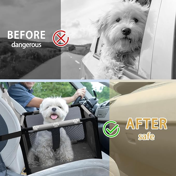 PetsHome Dog Car Seat Foldable Dog Car Booster Seat Waterproof Breathable Oxford Travel Bag for Small to Medium Dogs, Puppies, and Pets-Footprint Grey-Upgrade