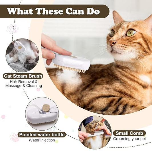 3-in-1 Cat Steam Brush for Shedding, Massaging & Grooming, Rechargeable, Misty Brush for Cats & Dogs, White, 3 Count