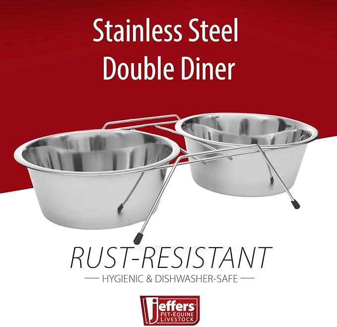 Jeffers Pet Low Profile Stainless Steel Double Diner Pet Bowls with Non-Skid Frame – Dog Bowls & Cat Bowls for Food, Water, Milk, Wet or Dry Pet Food, Puppy, Kitten Feeding Station Set - 16 oz