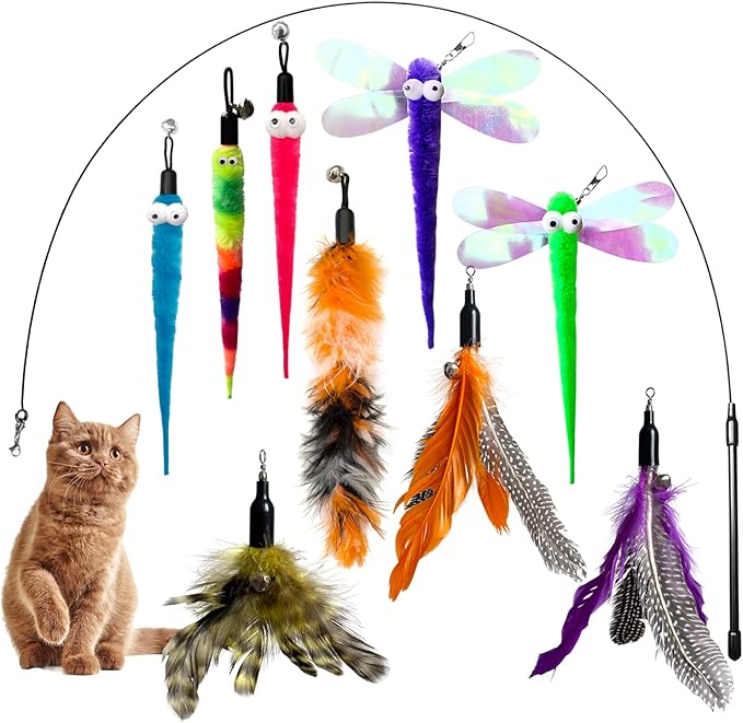 Cat Toy Wand with Pole, 9PCS Feather Refills Interactive Fishing Pole Teaser Rod Toy for Indoor Cats Kittens (9Pcs B)
