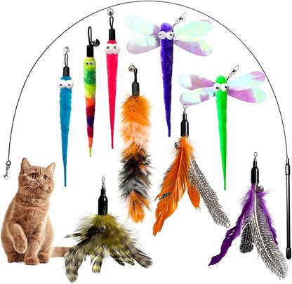 Cat Toy Wand with Pole, 9PCS Feather Refills Interactive Fishing Pole Teaser Rod Toy for Indoor Cats Kittens (9Pcs B)