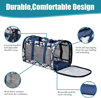 Soft-Sided Kennel Pet Carrier for Small Dogs, Cats, Puppy, Airline Approved Cat Carriers Dog Carrier Collapsible, Travel Handbag & Car Seat (Blue White Floral, 19" L x 11" W x 11" H)