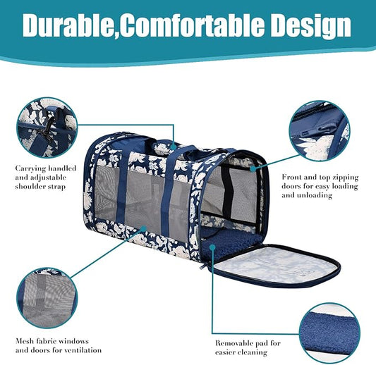 Soft-Sided Kennel Pet Carrier for Small Dogs, Cats, Puppy, Airline Approved Cat Carriers Dog Carrier Collapsible, Travel Handbag & Car Seat (Blue White Floral, 19" L x 11" W x 11" H)