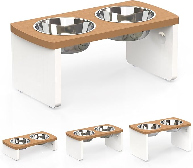 Elevated Dog Bowls, Waterproof Raised Dog Bowl for Medium Dogs, HIPS Poly Lumber Stand with 2 Stainless Steel Bowls, Indoor & Outdoor Use (7'' Tall-40 oz Bowl, Teak-White)