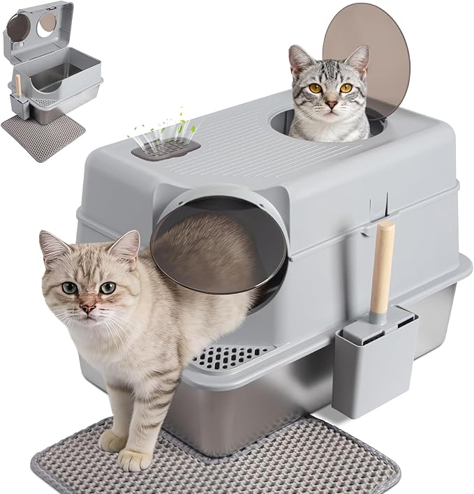 Stainless Steel Litter Box with Lid, XL Large Enclosed Cat Litter Box for Big Cats, Metal Cat Litter Box with High Sided, Anti-Leakage,Front & Top Entry,Includes Mat & Scoop