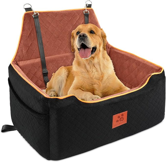 XIEEAOZEE Dog Car Seat for Large/Medium Dog, Booster Seat for Dogs Under 55Lbs or 2 Small, Detachable and Washable Travel Pet Seat with Thick Cushion and Storage Pockets (Black/Brown)