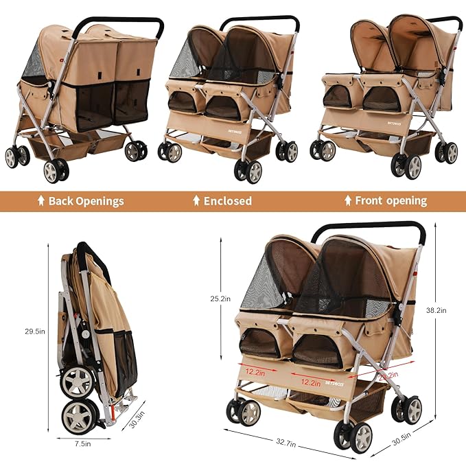 Double Pet Stroller for 2 Small Dogs & Cats, Side-by-Side Twin Travel Carriage with Safety Leashes, Mesh Windows & Double Storage Baskets, Lightweight & Foldable, 44lbs Capacity, White