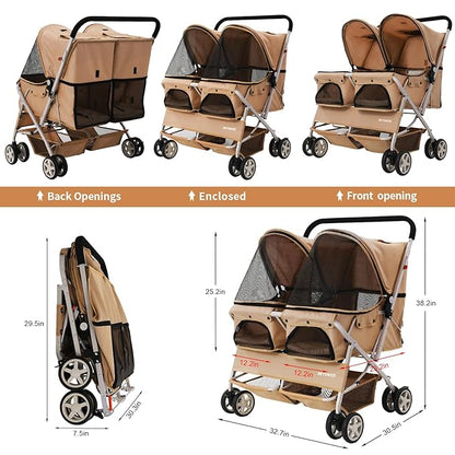 Double Pet Stroller for 2 Small Dogs & Cats, Side-by-Side Twin Travel Carriage with Safety Leashes, Mesh Windows & Double Storage Baskets, Lightweight & Foldable, 44lbs Capacity, White