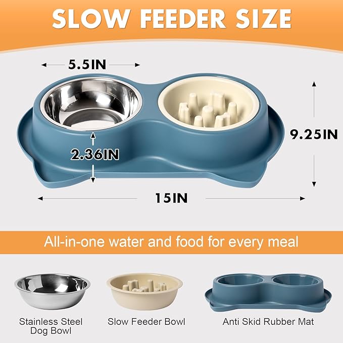Slow Feeder Dog Bowls with Non-Slip Mat, 3-in-1 Stainless Steel Bowl Slow Feeder Prevents Gulping, Paired with Weighted Base Water Dog Bowls for Large Medium Small Breed Size Dogs and Cats