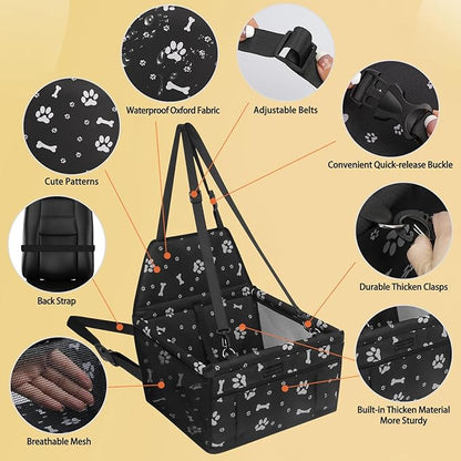 PetsHome Dog Car Seat, Foldable Dog Car Booster Seat Waterproof Breathable Oxford Travel Bag for Small to Medium Dogs, Puppies, and Pets-Pattern Black