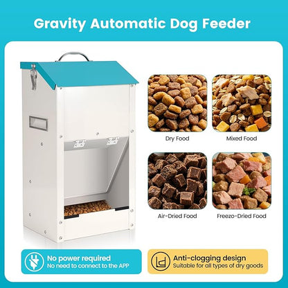 Automatic Dog Feeder Large Breed Outdoor & Indoor Galvanized Dog Food Dispenser 15lbs Wall Mountable Gravity Pet Food Station Auto Feeder Self Feeding with Clear Door for Puppy, Dog, Cat