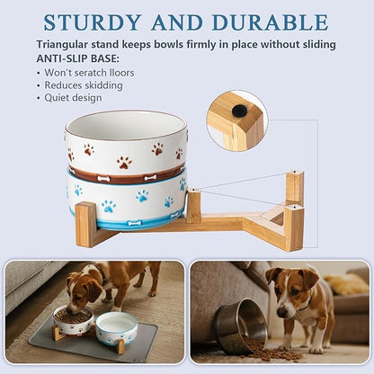 YUN TAO 3.5 Cups Pet Bowls Set of 2 for Medium Dogs,Ceramic Pet Food Water Dish Feeding with Wooden Stand,Cute Puppy Pet Dishes,Includes Non-Slip Silicone Mat