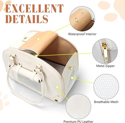 PetsHome Dog Carrier Purse, Pet Carrier, Foldable Waterproof Premium Leather Pet Travel Portable Bag for Cat and Small Dog Home & Outdoor Small Beige