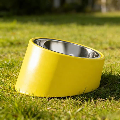 Slanted Dog Bowl Slow Feeder, 15° Tilted Elevated Raised Food Water Dish, Anti-Choke Anti-Gulping for Cats Dogs, Non-Spill Weighted Base, for Medium Dogs Standard Pets, Yellow