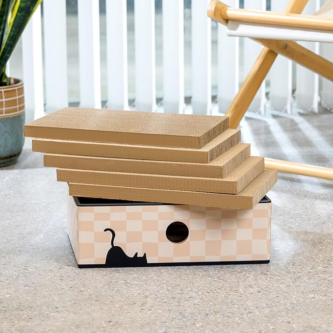 Cat Scratcher Box with Heavy-Duty Double-Sided Cardboard Pad, Cardboard Lounger, Interactive Hole Design, Cat Bed for Indoor Cats, Checkered,Large - 5 Pack