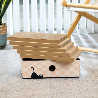 Cat Scratcher Box with Heavy-Duty Double-Sided Cardboard Pad, Cardboard Lounger, Interactive Hole Design, Cat Bed for Indoor Cats, Checkered,Large - 5 Pack