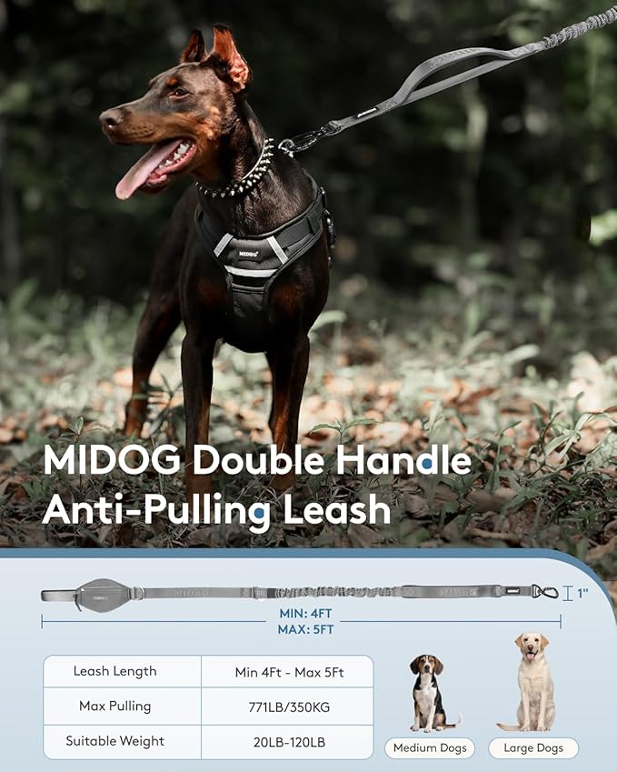 MIDOG Dog Leash with Zipper Pouch,Multifunctional Bungee Leash for Medium to Large Sized Dog Walking