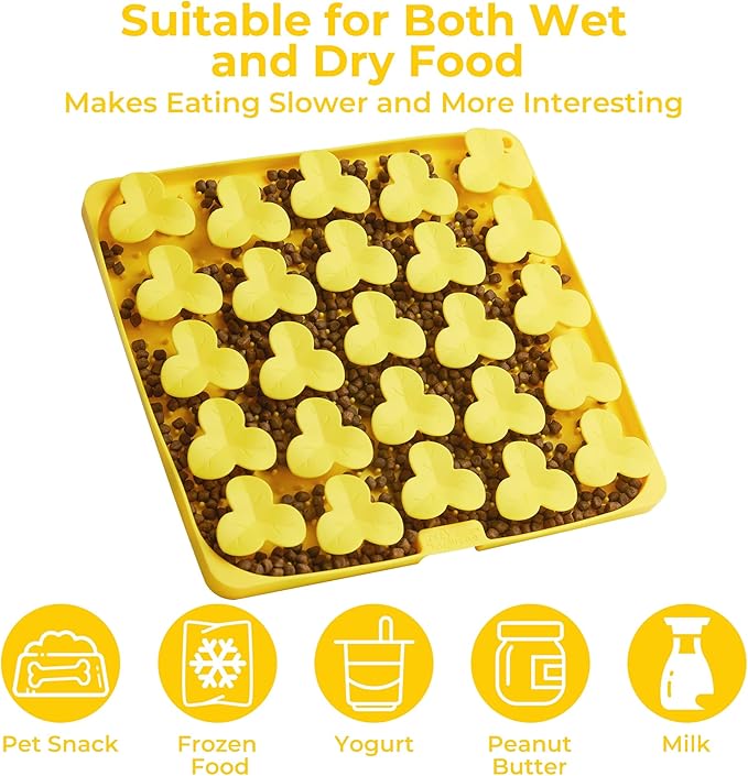 Puzzle Feeder Snuffle Mat for Dogs, Lick Mat to Slow Down Eating, Puzzle Toys for Large and Medium Breed Dogs, Silicone Bowls for Dry, Wet, Raw Food, Yellow