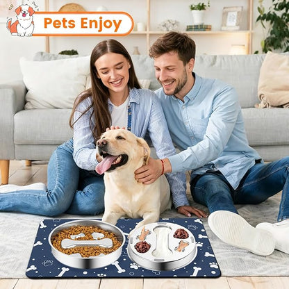 Stainless Steel Slow Feeder Dog Bowls with Pet Feeding Mat,2 Pcs Slow Food Bowl for Dog & Cat - 2 Cups Capacity,with Absorbent Pet Placemat,Puzzle Maze Dish for Small & Medium Sized Breeds